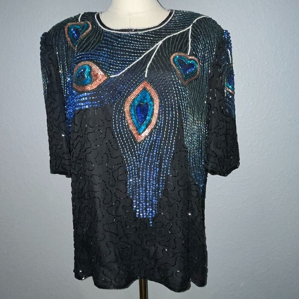 LAWRENCE KAZAR NEW YORK Beaded Top Black Peacock Design 100% Silk Plus Size 2X